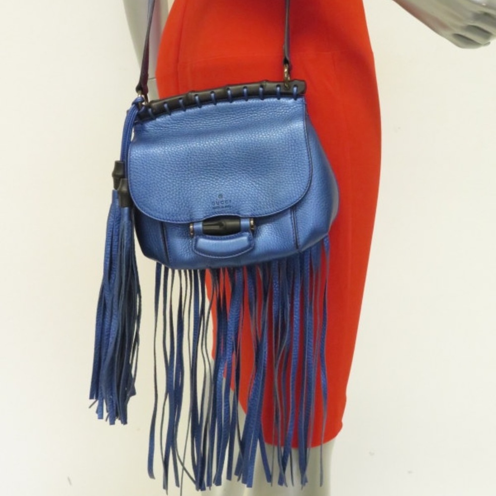 Gucci Nouveau Fringe Bag Blue Metallic Leather - Picture 1 of 8